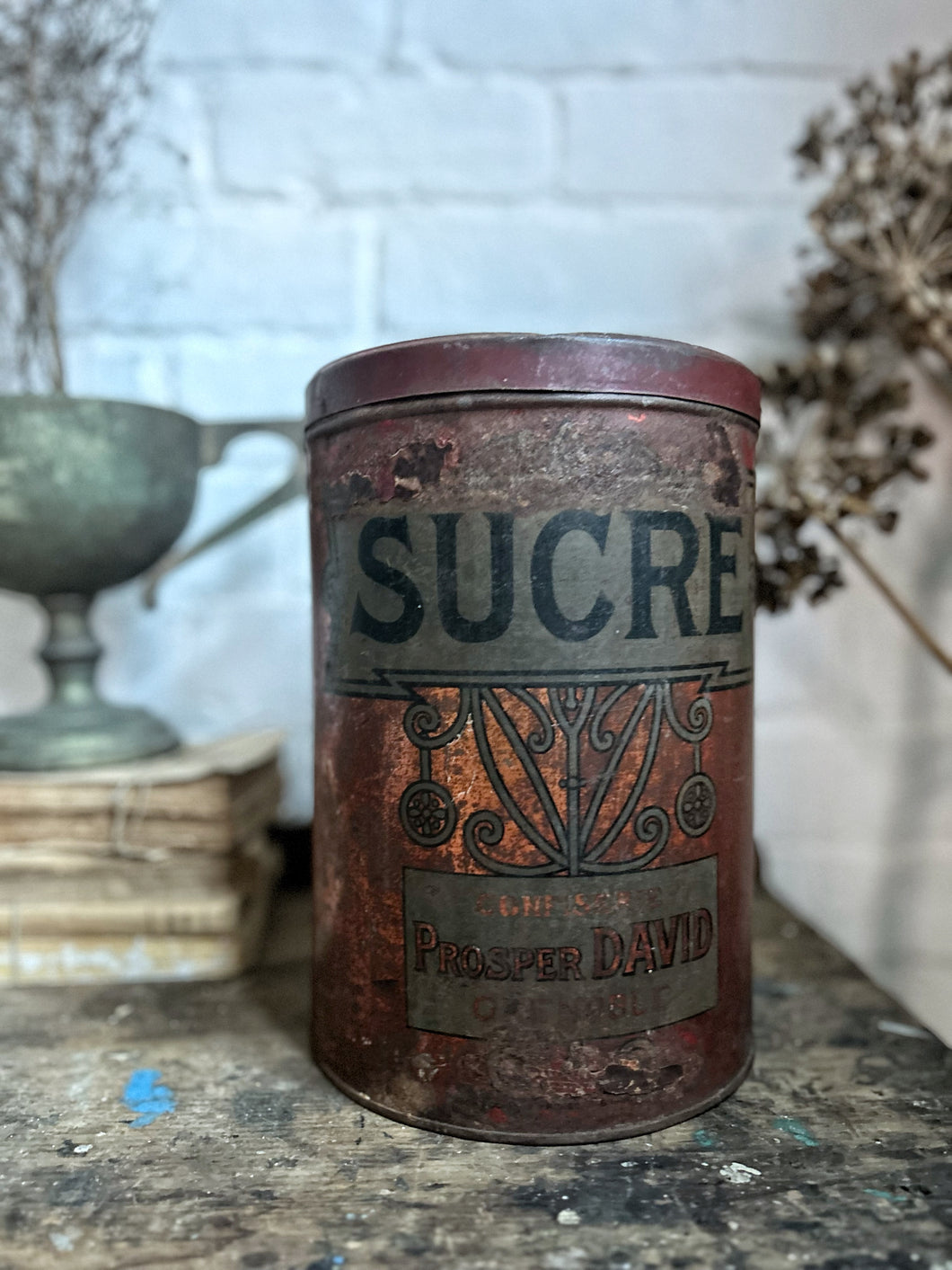Antique French Art Nouveau Prosper David et Fils sugar sucre storage canister tin