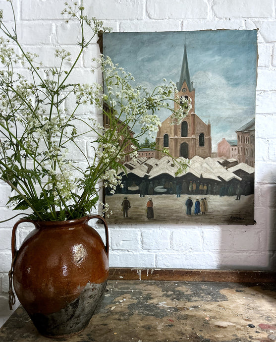 Vintage French landscape village market place scene oil painting on canvas