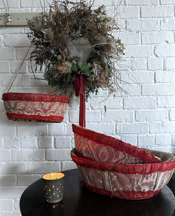 Vintage French lined red lace hamper bread basket with strap