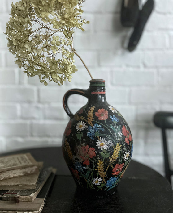 Vintage Hungarian hand painted water jug pitcher folk art decorative floral