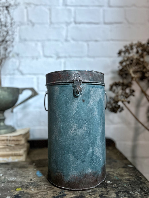 Vintage tall Indian blue metal toleware storage canister tin