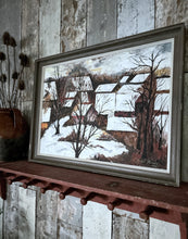 Load image into Gallery viewer, Vintage Mid 20th Century Abstract oil on canvas landscape painting houses in the winter snow