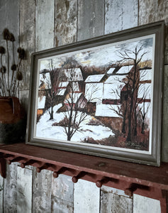 Vintage Mid 20th Century Abstract oil on canvas landscape painting houses in the winter snow