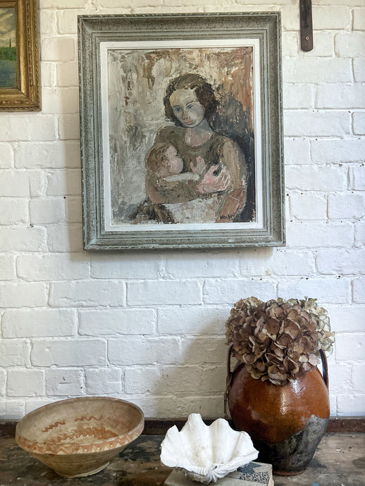 Vintage Mid 20th Century signed and dated oil painting portrait on board mother & child