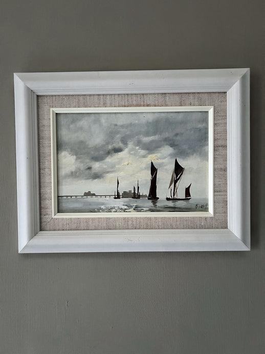 Vintage Oil painting traditional fishing boat oyster smack Essex