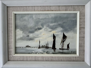Vintage Oil painting traditional fishing boat oyster smack Essex