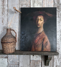 Load image into Gallery viewer, Vintage Portrait oil painting on canvas "Lady in wide brim hat" Modigliani influence
