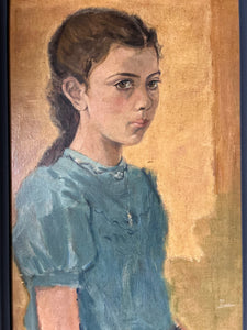 Vintage 1930's Realism oil on board portrait painting girl in blue