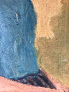 Vintage 1930's Realism oil on board portrait painting girl in blue