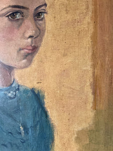 Vintage 1930's Realism oil on board portrait painting girl in blue