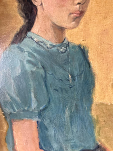 Vintage 1930's Realism oil on board portrait painting girl in blue