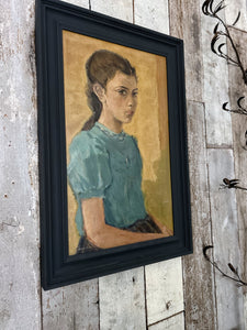 Vintage 1930's Realism oil on board portrait painting girl in blue