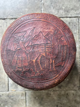 Load image into Gallery viewer, Vintage mid 20th century tooled leather peruvian footstool pouffe