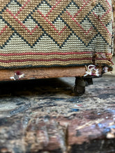 Load image into Gallery viewer, Vintage Anatolian Turkish Kilim footstool with brass castors and woven border