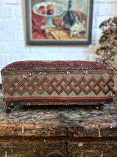 Load image into Gallery viewer, Vintage Anatolian Turkish Kilim footstool with brass castors and woven border