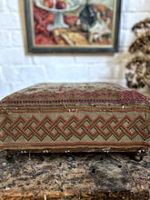 Load image into Gallery viewer, Vintage Anatolian Turkish Kilim footstool with brass castors and woven border
