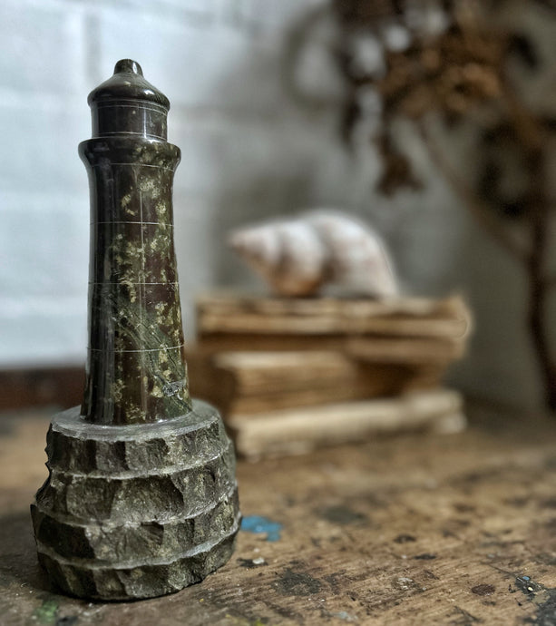 Vintage Cornish serpentine polished stone lighthouse paper weight on rock base