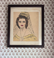 Load image into Gallery viewer, Vintage hand painted water colour Cecil Beaton style fashion illustration portrait painting