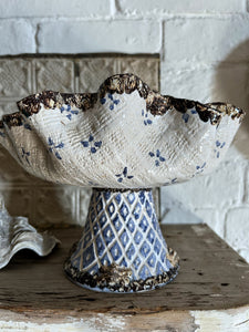 Vintage blue & white pottery repousse style dish on pedestal with bees around base