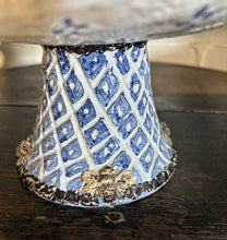 Load image into Gallery viewer, Vintage blue &amp; white pottery repousse style dish on pedestal with bees around base