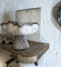 Load image into Gallery viewer, Vintage blue &amp; white pottery repousse style dish on pedestal with bees around base