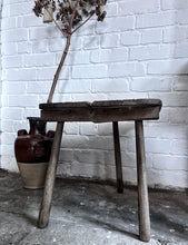 Load image into Gallery viewer, Vintage industrial rustic wooden 3 legged stool with carved initials