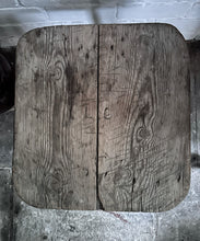 Load image into Gallery viewer, Vintage industrial rustic wooden 3 legged stool with carved initials