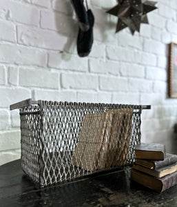 Vintage industrial galvanised wire rectangular handled basket
