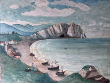 Load image into Gallery viewer, Antique French naive seascape coastal oil painting on board Etretat Normandy Scene