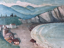 Load image into Gallery viewer, Antique French naive seascape coastal oil painting on board Etretat Normandy Scene