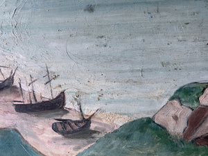 Antique French naive seascape coastal oil painting on board Etretat Normandy Scene