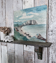 Load image into Gallery viewer, Antique French naive seascape coastal oil painting on board Etretat Normandy Scene