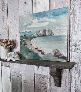 Antique French naive seascape coastal oil painting on board Etretat Normandy Scene