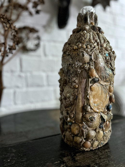 Vintage shell covered memory bottle vase Grotto art