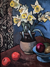 Load image into Gallery viewer, Vintage still life with daffodils in jug oil painting on board