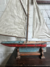 Load image into Gallery viewer, Vintage wood &amp; metal red blue pond yacht on stand