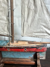 Load image into Gallery viewer, Vintage wood &amp; metal red blue pond yacht on stand