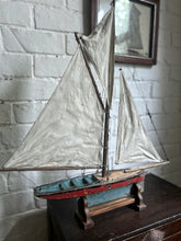 Load image into Gallery viewer, Vintage wood &amp; metal red blue pond yacht on stand