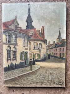 Vintage Belgium oil painting on canvas landscape street scene