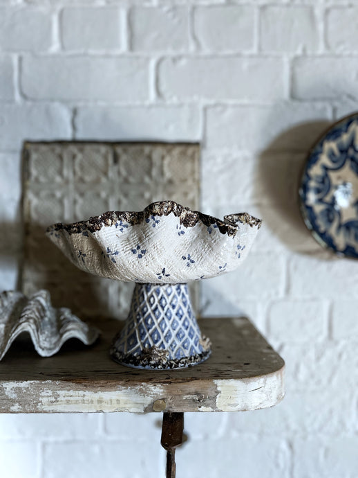 Vintage blue & white pottery repousse style dish on pedestal with bees around base