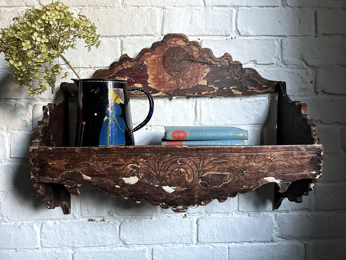 Vintage carved hand painted folk art wooden shelf