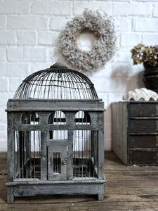 Vintage Decorative wooden and wire grey painted bird cage