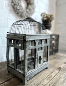 Vintage Decorative wooden and wire grey painted bird cage