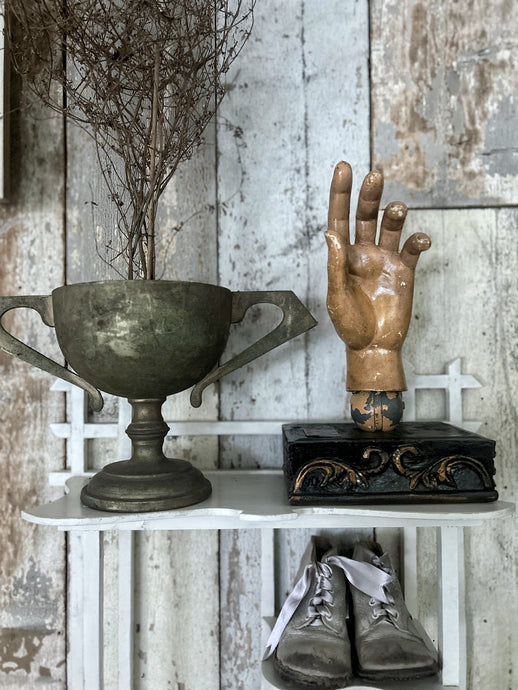 Vintage French early 20th Century 1920's plaster hand anatomical study mannequin on decorative black & gold plinth