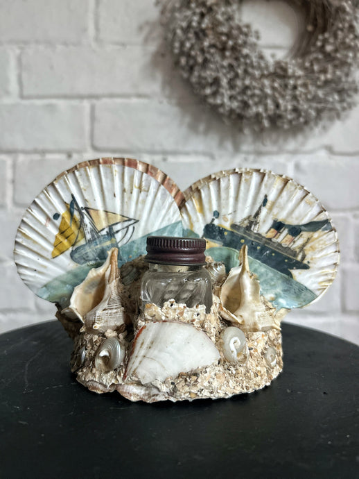 Vintage early 20th Century French souvenir shell hand painted ink well