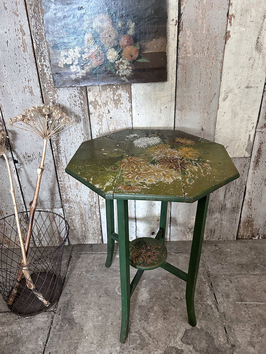 Vintage folding side table hand painted green floral design