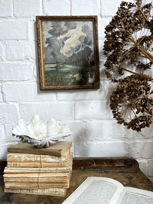 Vintage French 1943 Mid century double sided landscape oil painting on wood