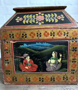 A vintage hand painted decorative folk art Indian wooden storage box chest