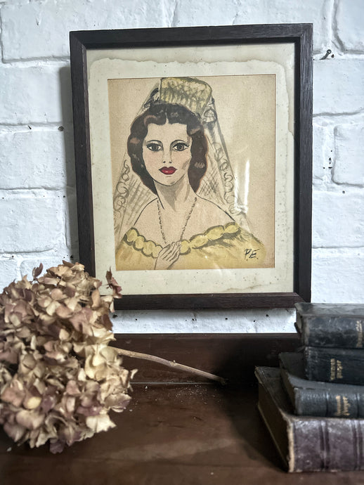Vintage hand painted water colour Cecil Beaton style portrait  painting