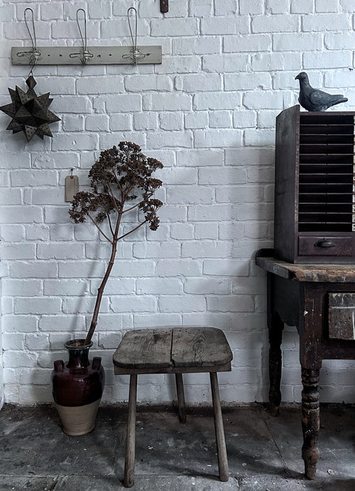 Vintage industrial rustic wooden 3 legged stool with carved initials